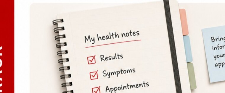 A health-notes journal with checkboxes for results, symptoms and appointments