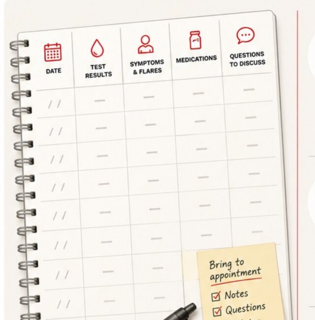 A printable tracker with columns for date, test results, symptoms, medications and questions
