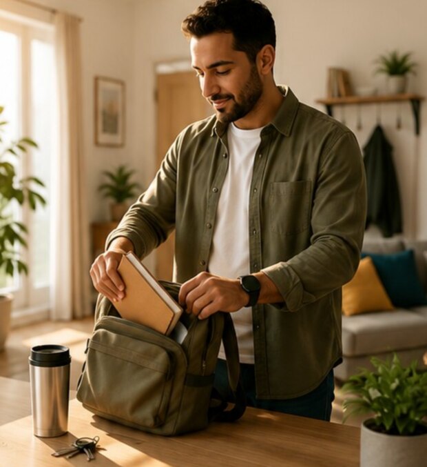 A person preparing their bag at home as part of a daily routine